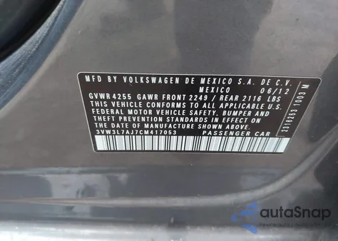 2012 Volkswagen Jetta 2.0L Tdi z USA, uszkodzony, nr VIN 3VW3L7AJ7CM417053